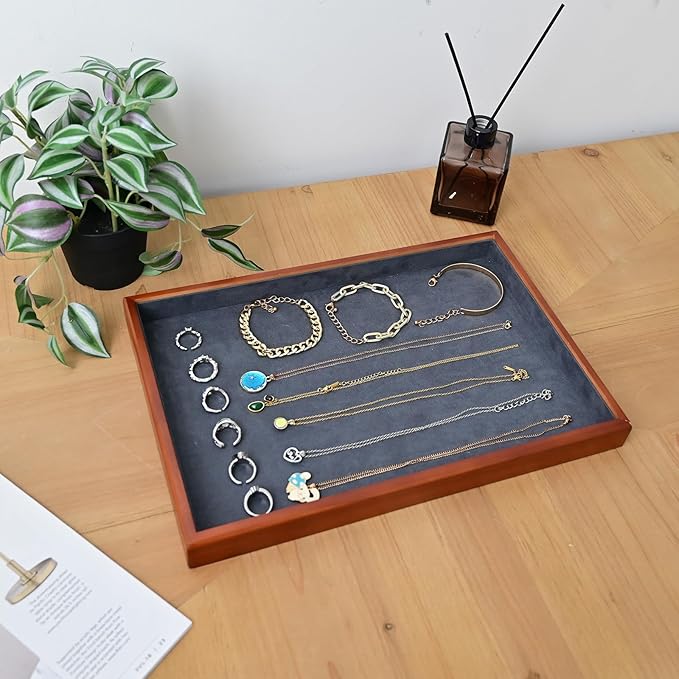 Elegant Wood Flat Jewelry Tray – 14"x9.5" Velvet Lined Display Organizer for Rings, Bracelets, Necklaces – Classic Wooden Storage for Vanity, Dresser, Countertop, Black&Brown