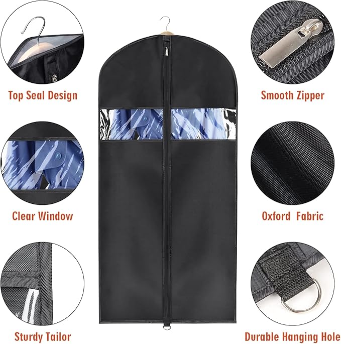 Univivi Hanging Garment Bags Suit Bag for Storage and Travel 40/50 inch,(Set of 6), Washable Suit Cover for T-Shirt, Jacket, Suits, Dresses, Coats, [Upgraded Version]