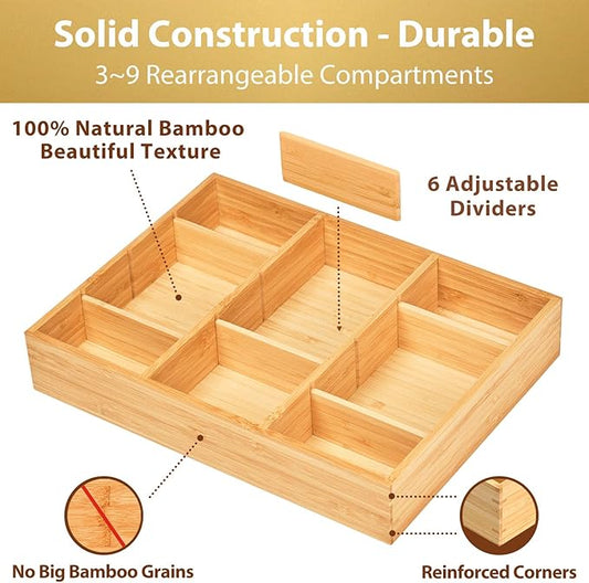 Umilife Desk Drawer Organizer, Bamboo Wood Organizer Tray with Adjustable Compartments, Office Desk Accessories Supplies Organization Storage, 12" x 9"