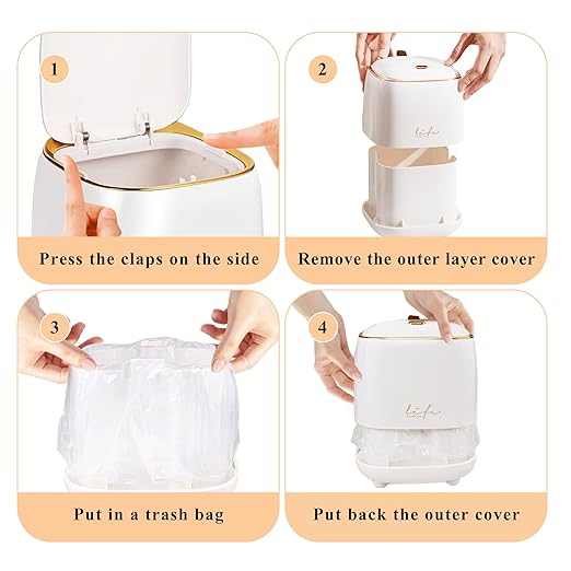 Countertop Trash Can, Garbage Can with Press Type Lid, 2.2 L/0.6 Gal Mini Trash Tin with 60 PCS Garbage Bags for Vanity Office Kitchen Bedroom Bathroom, 5.5" (White)
