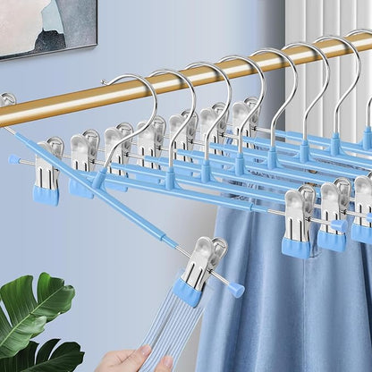 HWAJAN 10PACK 14Inch Pants Hangers with Clips Adjustable Skirt Hangers for Women Black Metal Non-Slip Trousers Hanger Heavy Duty Space Saving Clothes Hanger for Shorts,Jeans,Sky Blue