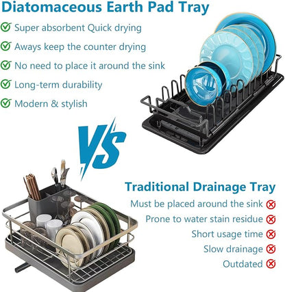ouimei Sink Dish Drying Rack - Expandable Over Sink (15"-20" Fit), Diatomaceous Earth Tray for No-Drain Drying! Compact Dish Drainer for Small Kitchens, Apartments & RVs(Black)