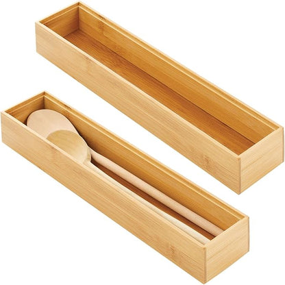 mDesign Slim Wooden Bamboo Drawer Organizer - 15" Long Stackable Storage Box Tray for Kitchen Drawers/Cabinet - Utensil, Silverware, Spatula, Flatware Holder - Echo Collection, 2 Pack, Natural Wood
