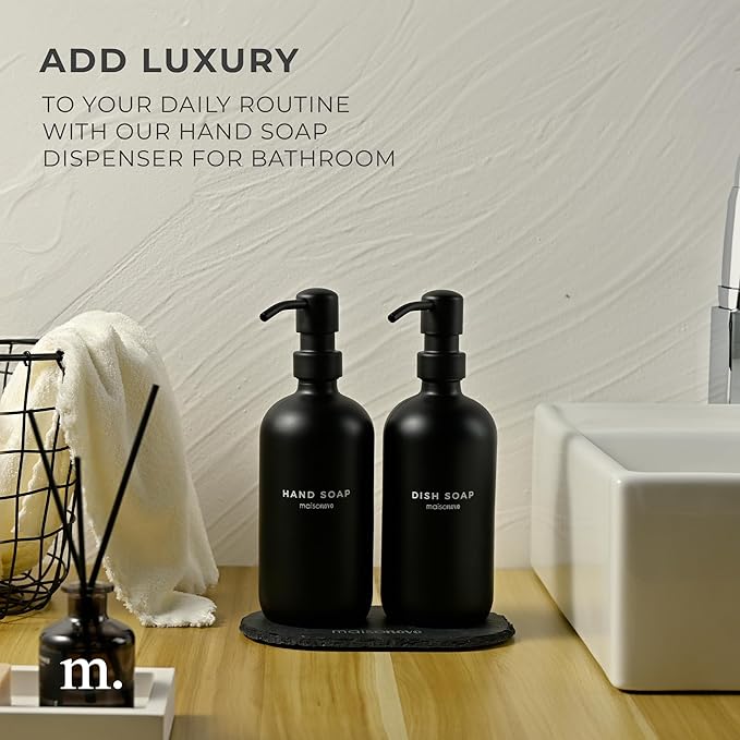 MaisoNovo Soap Dispenser 3-Piece Set | 16.9oz Black Bottles with Black Stainless Steel Pump Core