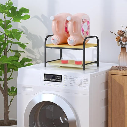 2-in-1 Laundry Detergent Holder & Organizer with Drip Tray, 2-Tier Metal Shelf for Countertop - Soap Dispenser & Storage Stand for Laundry Room, Kitchen, Bathroom, Black
