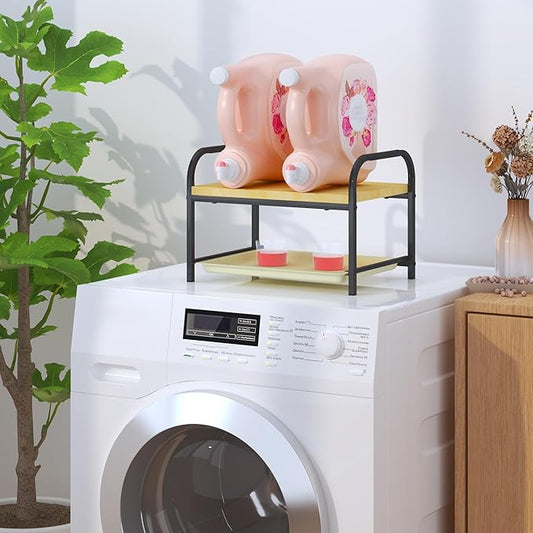 2-in-1 Laundry Detergent Holder & Organizer with Drip Tray, 2-Tier Metal Shelf for Countertop - Soap Dispenser & Storage Stand for Laundry Room, Kitchen, Bathroom, Black