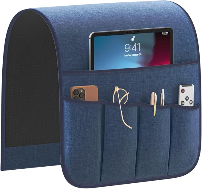 Sixyotie Sofa Armrest Organizer Non-Slip Remote Control Holders for Recliner Couch Chair Armchair Caddy with 5 Pockets for Table,Cell Phone,Ipad,Magazines,Books (13x35In, Navyblue)