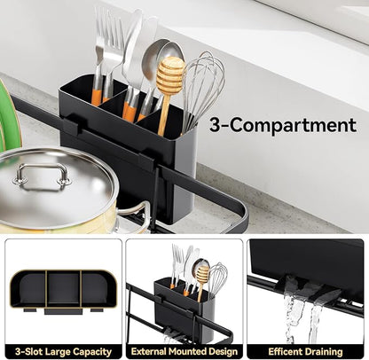 TOOLF Large Dish Drying Rack for Kitchen Counter,Kitchen Dish Racks with Drainboard,Sink Dish Strainer Rack,Countertop Dish Drainer Rack with Cup & Utensil Holders,Black