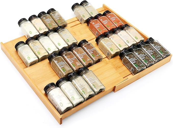 Thalomely Bamboo Spice Drawer Organizer, (Need 3.1” Deep Drawer) Expandable 4 Tier Spice Rack for Cabinet (From 12" to 23" Wide), Seasoning Storage Insert, Spice Organizer for Drawer,Jars Not Included