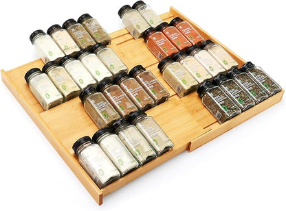 Thalomely Bamboo Spice Drawer Organizer, (Need 3.1” Deep Drawer) Expandable 4 Tier Spice Rack for Cabinet (From 12" to 23" Wide), Seasoning Storage Insert, Spice Organizer for Drawer,Jars Not Included