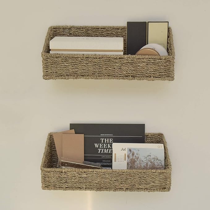 StorageWorks Woven Wall Baskets for Storage, Seagrass Baskets for Shelf, Wall Storage for Kitchen and Bathroom, Hanging Baskets for Organizing, 2 Pack