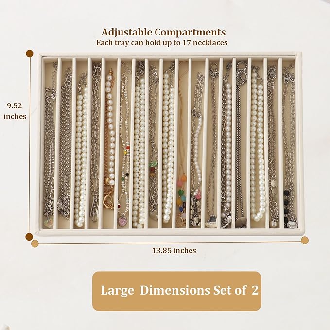 KATISYIO Large Velvet Jewelry Tray 2 Pack Stackable Jewelry Display Drawer Inserts Trays Organizer for Earring Bracelet Necklace Ring (Beige, 16 Grids)