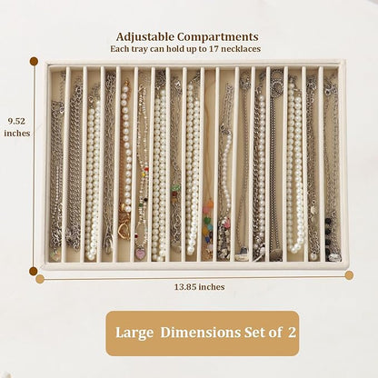 KATISYIO Large Velvet Jewelry Tray 2 Pack Stackable Jewelry Display Drawer Inserts Trays Organizer for Earring Bracelet Necklace Ring (Beige, 16 Grids)
