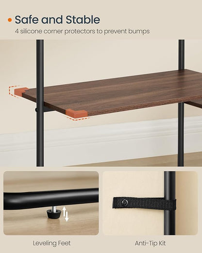 SONGMICS HOME Clothes Rack, Wardrobe, Freestanding Closet, Heavy-Duty Garment Rack, 6 Storage Shelves, 2 Hanging Rails, 64.4 x 13.3 x 69 Inches, Natural Walnut and Ink Black URGR012B01