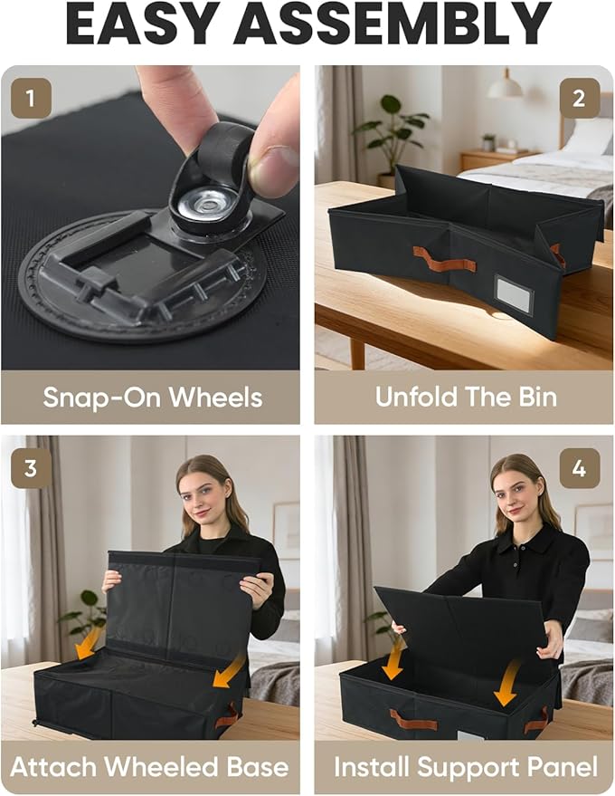 TOSKING Under Bed Storage with Wheels (2 Pack), Adjustable Height 7.9"-10.2", 6 Vacuum Bags, Expandable Rolling Underbed Bins, 600D Oxford Fabric, Drawer Organizer for Clothes, Shoes, Toys, Black