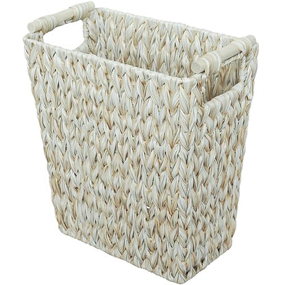 Endymion Wicker Trash Can,Large Narrow Woven Trash Can with Wooden Handles,Boho Decorative Waste Basket for Bathroom,Bedroom,Office,5 Gallon,White