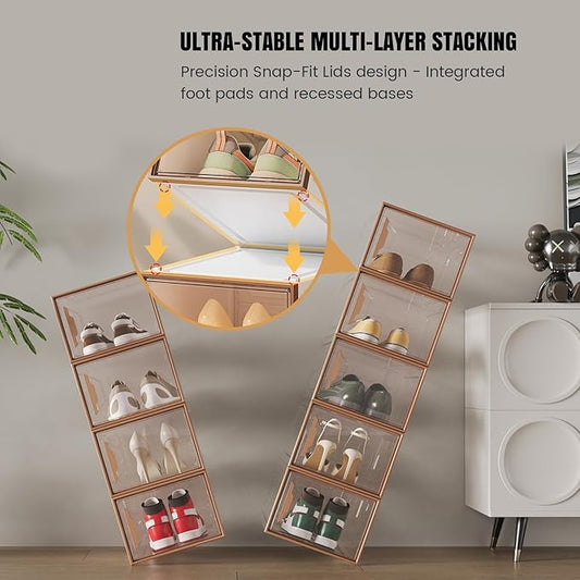 ADTO X-Large Stackable Shoe Boxes - Clear Plastic Shoe Storage Boxes with Magnetic Door, Thicken Shoe Organizer for Closet, Space Saving Foldable Shoe Containers Bins for Sneaker Boot - 6 Pack(Brown)