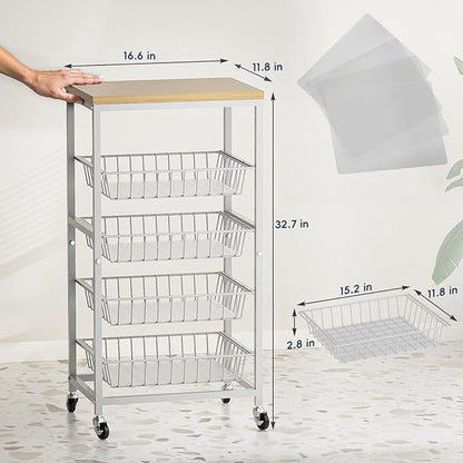 Snack Cart, 5-Tier Kitchen Carts on Wheels with Storage,Fruit Basket Stand with Pull-Out Baskets and Wood Top,Kitchen Organizer for Fruit Vegetable Snack (Oak Beige)