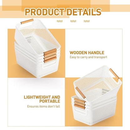 Tioncy 4 Pcs White Mesh Baskets with Wooden Handles Plastic Storage Organizer Baskets Pantry Basket Fruit Vegetables Gathering Basket Bin for Organizing Cabinet Closet Bedroom Kitchen(Small)