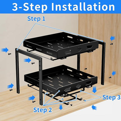 Pull Out Spice Rack Organizer for Cabinet, 2 Tier Cabinet Spice Rack Organizer, Height Adjustable Vertical Spice Rack for Kitchen Cabinet (11.9''Wx10.8''Dx9.2''H, Metal Black)
