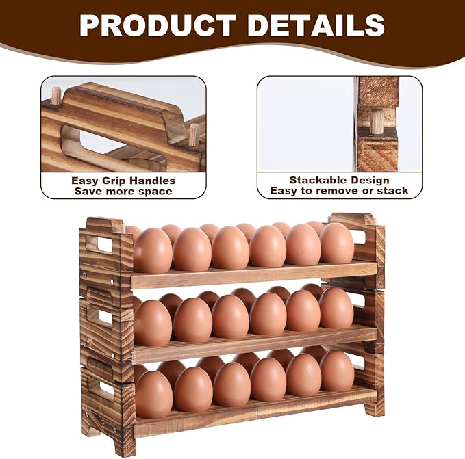 Egg Holder Countertop, 3-Tire Solid Wooden Egg Holder, Stackable Egg Storage Basket Holding Up to 36 Fresh Eggs, Chicken, Duck Eggs - Unfinished
