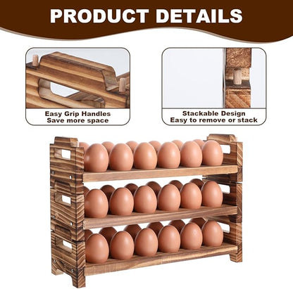 Egg Holder Countertop, 3-Tire Solid Wooden Egg Holder, Stackable Egg Storage Basket Holding Up to 36 Fresh Eggs, Chicken, Duck Eggs - Unfinished