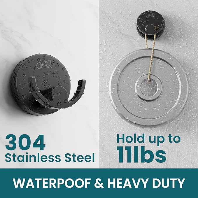 TAILI 304 Stainless Steel Bathroom Suction Hooks for Towel, Bathrobe, Loofah, Patented Strong Suction Cup Holder, No Damage Hanging Glass Shower Wall Hook, Double-Hook Sleek Design, 2 Pack, Black