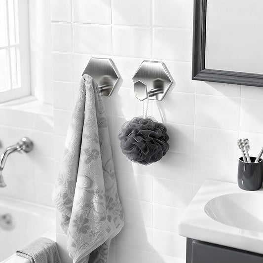 Adhesive Towel Hooks Heavy Duty Wall hooks Waterproof Stainless Steel Shower Rack for Coat, Key, Hat, Robe, Clothes, Picture Hanging Towel Hooks for Bathrooms Kitchen Door (2-Pack, Brushed Silver)