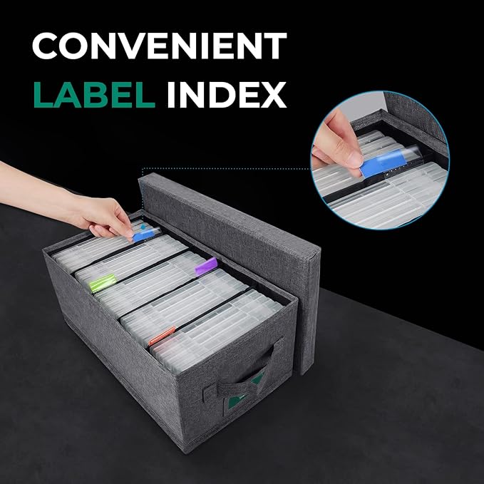DVD Storage Box, Practical DVD Case Holder Organizer 15.75 x 8.46 x 6.3 Inch, DVD Rack with Lid and Index Labels to Hold up to 25 DVD Cases - Gray