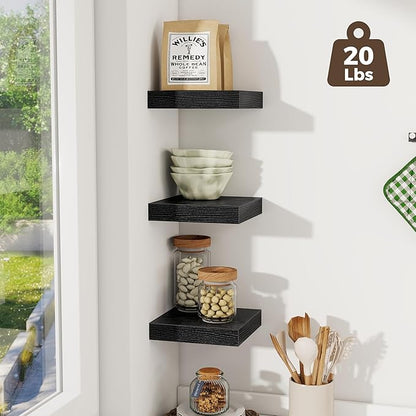 Fun Memories Small Floating Shelves for Wall - 8 Inch Square Wall Shelves with Invisible Brackets, Black Shelves for Bathroom, Living Room, Bedroom, and Kitchen Decor, Set of 3