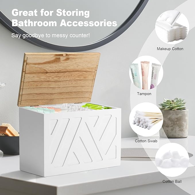 2Pcs Tampon Holder for Bathroom Decor, Feminine Product Organizer, Shark Week Tampon Storage with Lid, Wood Pad Box for Toilet, Lady Girl Stuff Organizer Case Bathroom Accessories- White