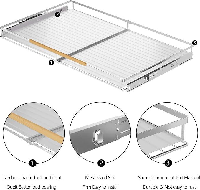 SANNO Pull Out Cabinet Organizer, Pantry Drawer Slide Out Basket Expandable Sliding Shelf Under Sink Shelf, Steel Metal cabinet drawers slide out, Chrome Finish, 23.1 to 39.9" W