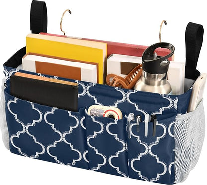 CuwrYet Bedside Caddy Hanging Bunk Bed Caddy Bed Organizer Hanging Pocket with 2 Hooks Bedside Storage Organizer Pocket Bag Holder Navy Blue Geometric Quatrefoil