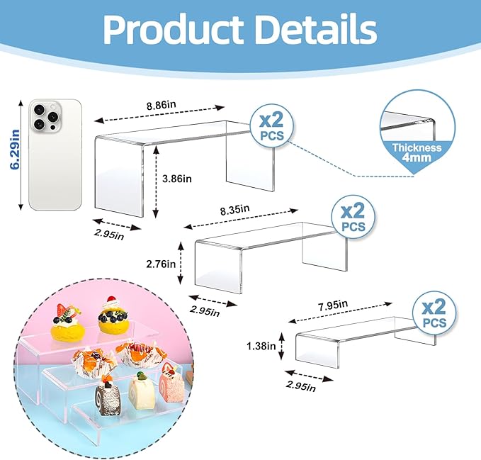 6PCS acrylic risers display stands, Clear Tiered acrylic display risers for Jewelry, Figurines, Snacks & Tabletop Showcase