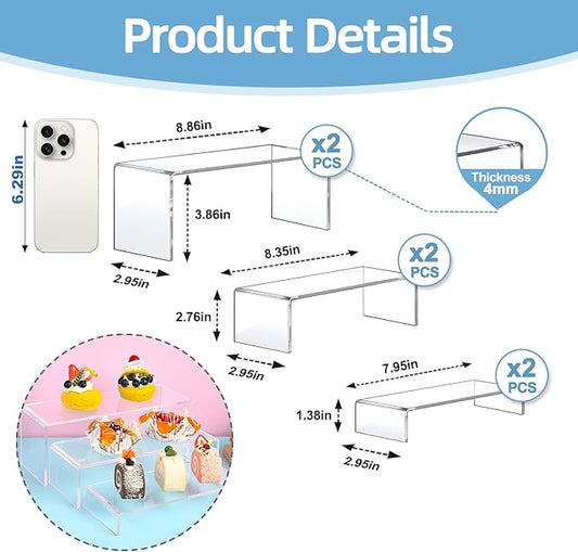 6PCS acrylic risers display stands, Clear Tiered acrylic display risers for Jewelry, Figurines, Snacks & Tabletop Showcase