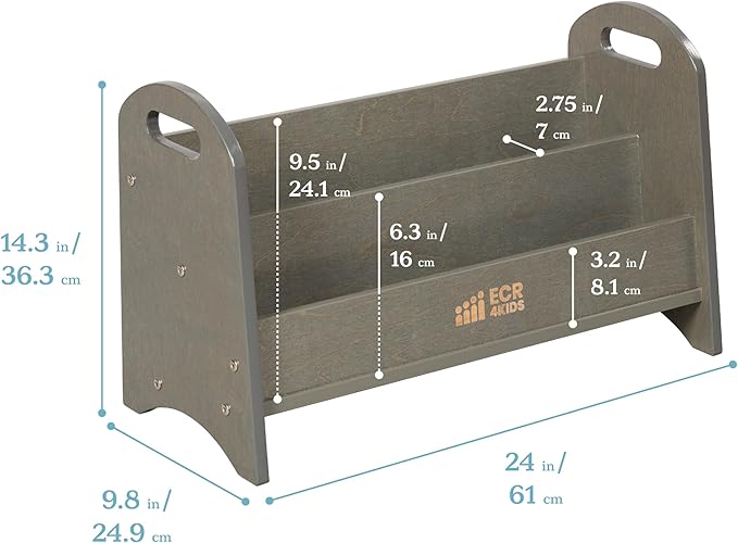 ECR4Kids 2-Shelf Tabletop Book Display with Handles, Beginner Bookshelf, Grey Wash