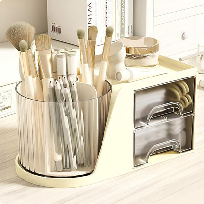 Rotation Pen Holder for Desk Cute Pencil Cup Pot Desktop Organizer and Accessories for Girls Kids Makeup Brush Holder (Beige)