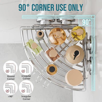 TAILI 2 Pack Powerful Suction Cup Corner Shower Caddy, Stainless Steel Rustproof Shower Shelf with Hook, Drill-Free Wall Mounted Basket, Large Capacity Removable Suction Cup Bathroom Organizer, Silver