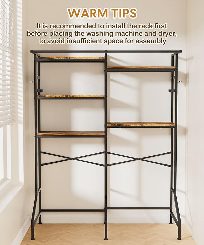 Homde Over The Washer and Dryer Storage Shelf, 5-Tier Heavy Duty Laundry Room Organizer Standing Shelf with Hanger Rod & Anti-Tip, Space Saving Rust Proof Shelving for Bathroom, Balcony