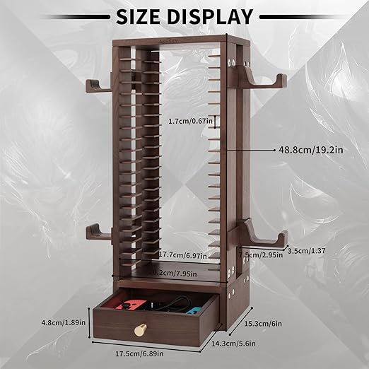 ASFSKY Walnut Wood Game Storage Tower - 20 Games Video Game Organizer & Holder, Universal Video Game Storage Tower with 4 Controller Hooks, Compatible with PS5/PS4/Xbox/Switch - Gamer Gifts
