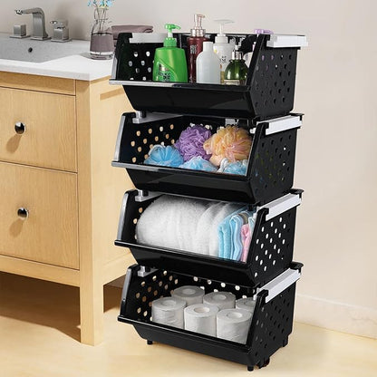 Plastic Stacking Storage Basket 4 Packs, Stackable Organizer Baskets Bin, Black