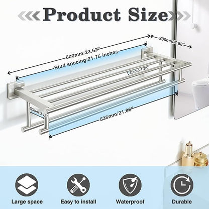 Alise Double Towel Rack for Bathroom,24 Inch Bathroom Tower Holder Towel Shelf with Double Towel Bars Wall Mount,SUS304 Stainless Steel Towel Hanger Double Tower Bar for Bathroom Wall,Brushed Nickel