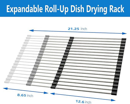 AXIMIXAME Expandable Large Draining Rack, Roll Up Heat-Resistant Dish Drainer for Stainless Steel Sinks, Collapsible Over The Sink Rack Non-Slip Silicone Rolling Up Rack 18 Tube
