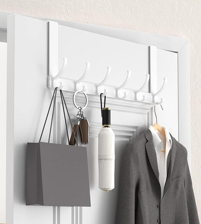 KitchLife Over The Door Hooks Hanger with 7 inches Extended Arms, Fits 1-3/4" Doors, F18U, Bathroom Towel Rack Organization, Thickened 6-Double Hook, Glossy White
