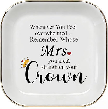 PUDDING CABIN Mrs Ring Dish, Engagement&Wedding Gifts for Women, Bridal Shower Present,Ceramic Jewelry Tray, 4.5"