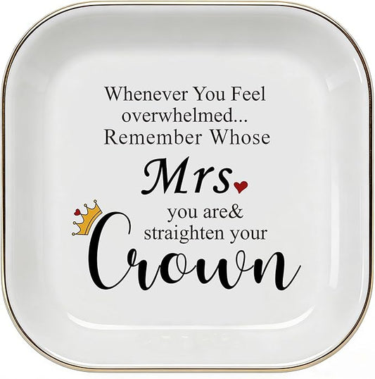 PUDDING CABIN Mrs Ring Dish, Engagement&Wedding Gifts for Women, Bridal Shower Present,Ceramic Jewelry Tray, 4.5"