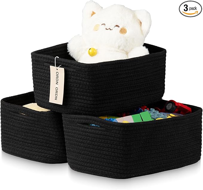 Small Storage Baskets for Organizing, Woven Storage Bins for Shelves, Gift Basket Empty, Cute Decorative Closet Organizer, Baby Rope Basket, Dog Toy Storage, 11x7.5x4.5”, 3Packs Black