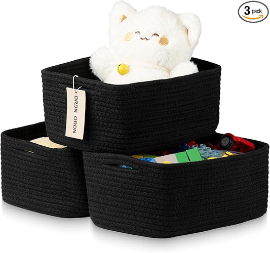Small Storage Baskets for Organizing, Woven Storage Bins for Shelves, Gift Basket Empty, Cute Decorative Closet Organizer, Baby Rope Basket, Dog Toy Storage, 11x7.5x4.5”, 3Packs Black