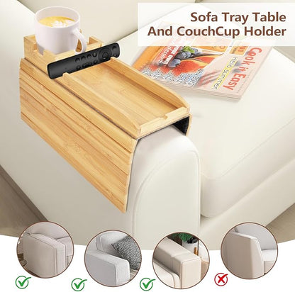 Foldable Bamboo Couch Arm Tray with Cup Holder - Anti-Slip Sofa Armrest Organizer for Drinks, Snacks, Remotes, Phones & More - Eco-Friendly Home Decor Gift (Bamboo)
