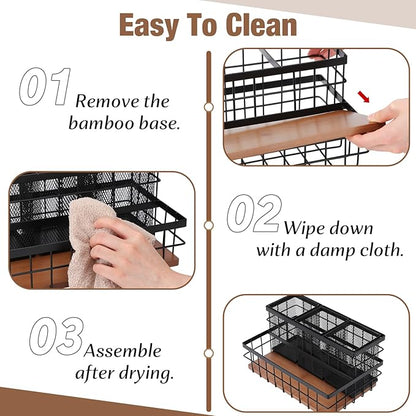 AceOrbit 2 Pcs Hair Tool Organizer Countertop Breathable Metal & Bamboo Hot Tools Organizer Under Sink Bathroom Hair Dryer Holder Countertop Brush Comb Holder,Makeup Tray (Koa Wood,Black)